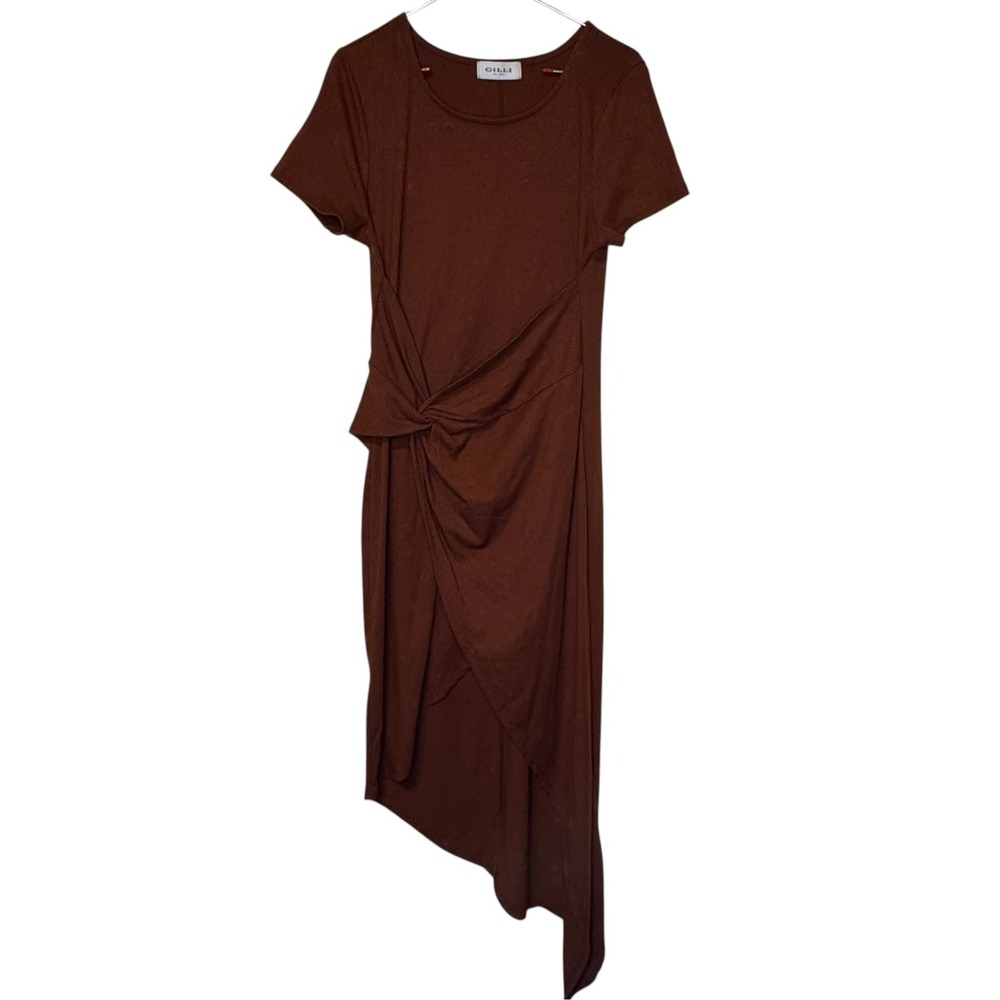 Gilli Womens Twist Wrap Asymmetrical Midi Dress Rust Brown Short Sleeve Small